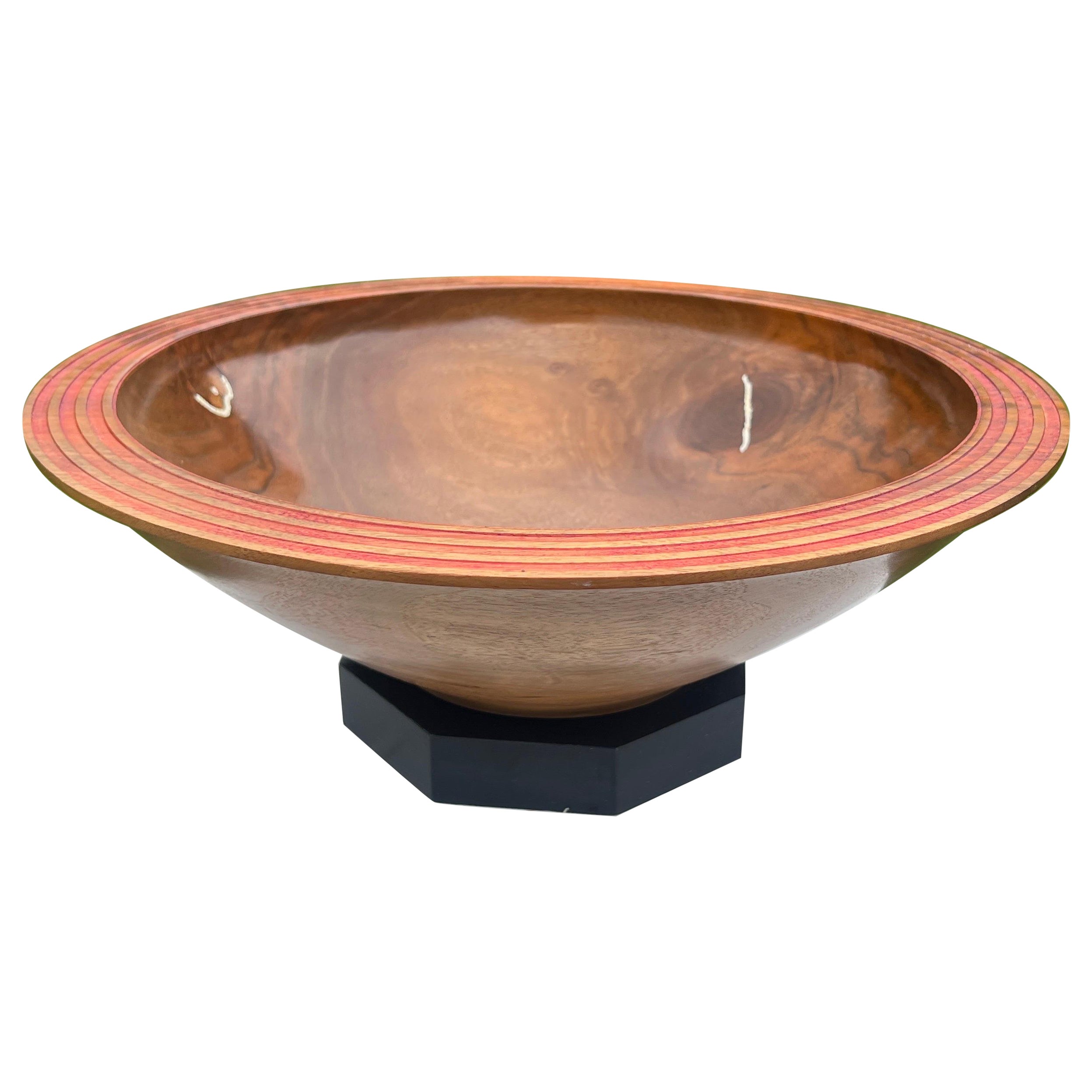 Large Modernist Artisan Made Inlaid Walnut Centerpiece Bowl on Stand, Signed For Sale