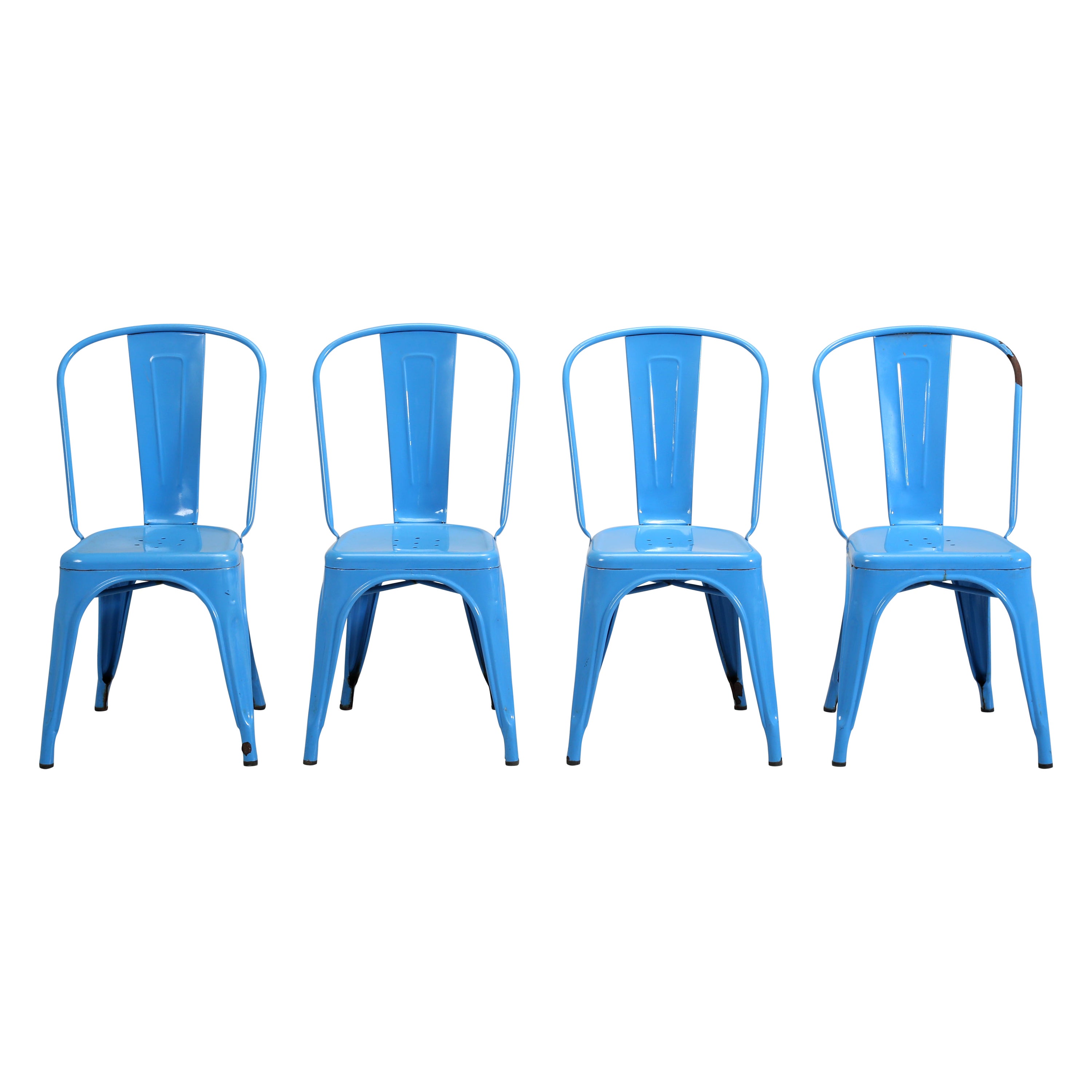 French Hand-Made Vintage Set of (4) Tolix Steel Stacking Chairs in Powder Blue For Sale