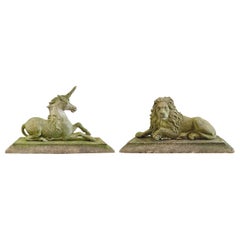 Antique 19th Century Heraldic Lion and Unicorn Statues