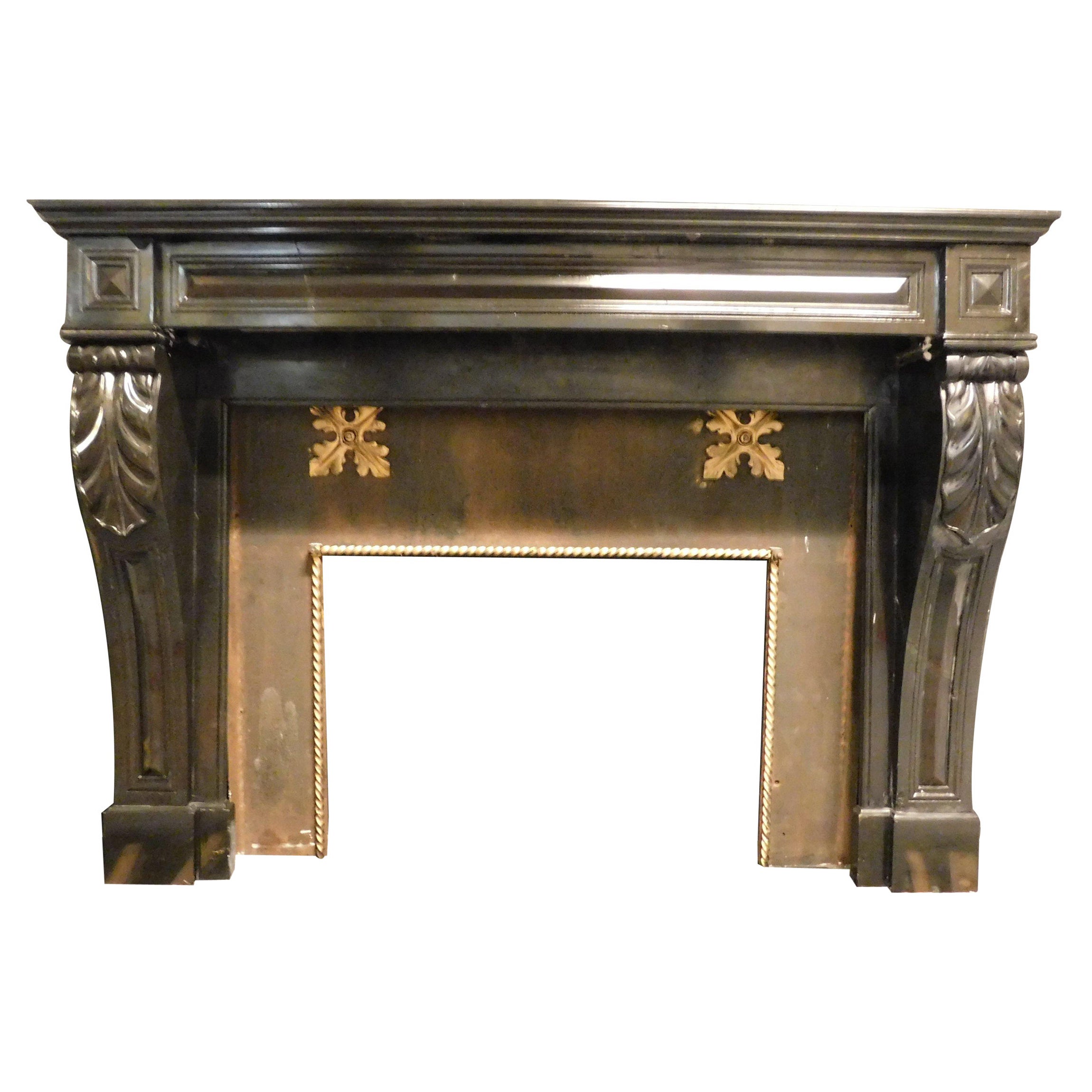 Ancient Fireplace in Carved Black Marble, from the 19th Century, Italy For Sale