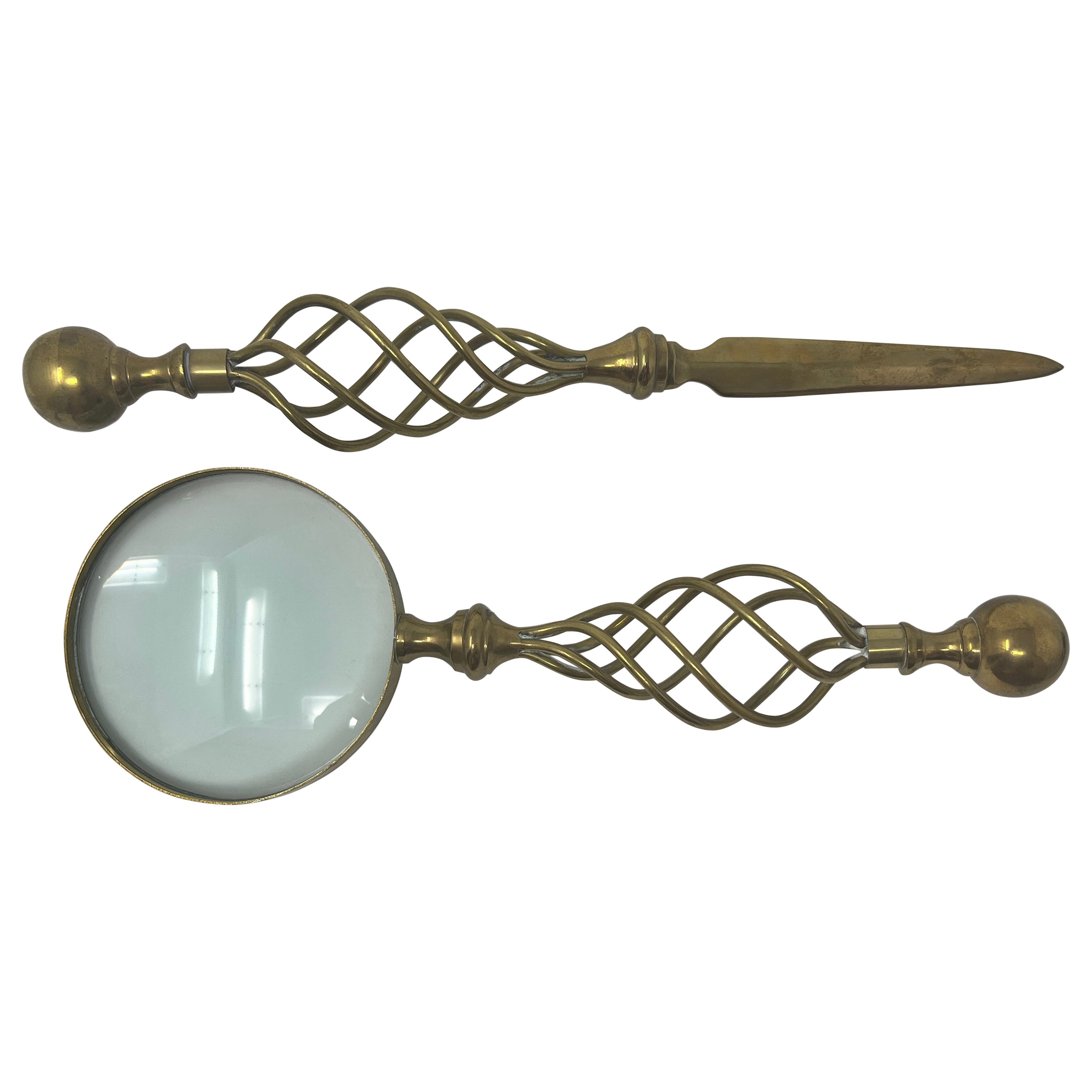 English Brass Desk Set Letter Opener and Magnifying Glass For Sale