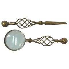 Used English Brass Desk Set Letter Opener and Magnifying Glass