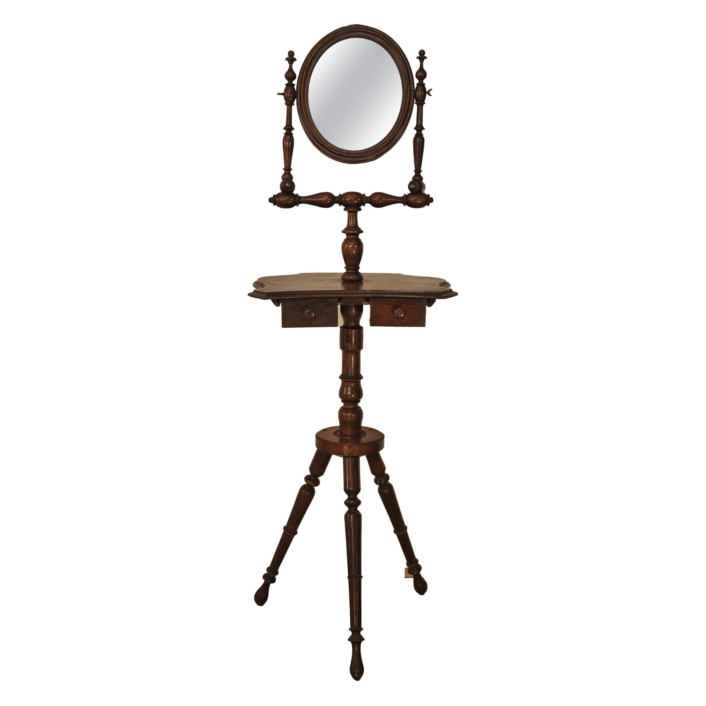 A Victorian Hand Crafted Oak Shaving Stand With An Oval Mirror on Turned Legs