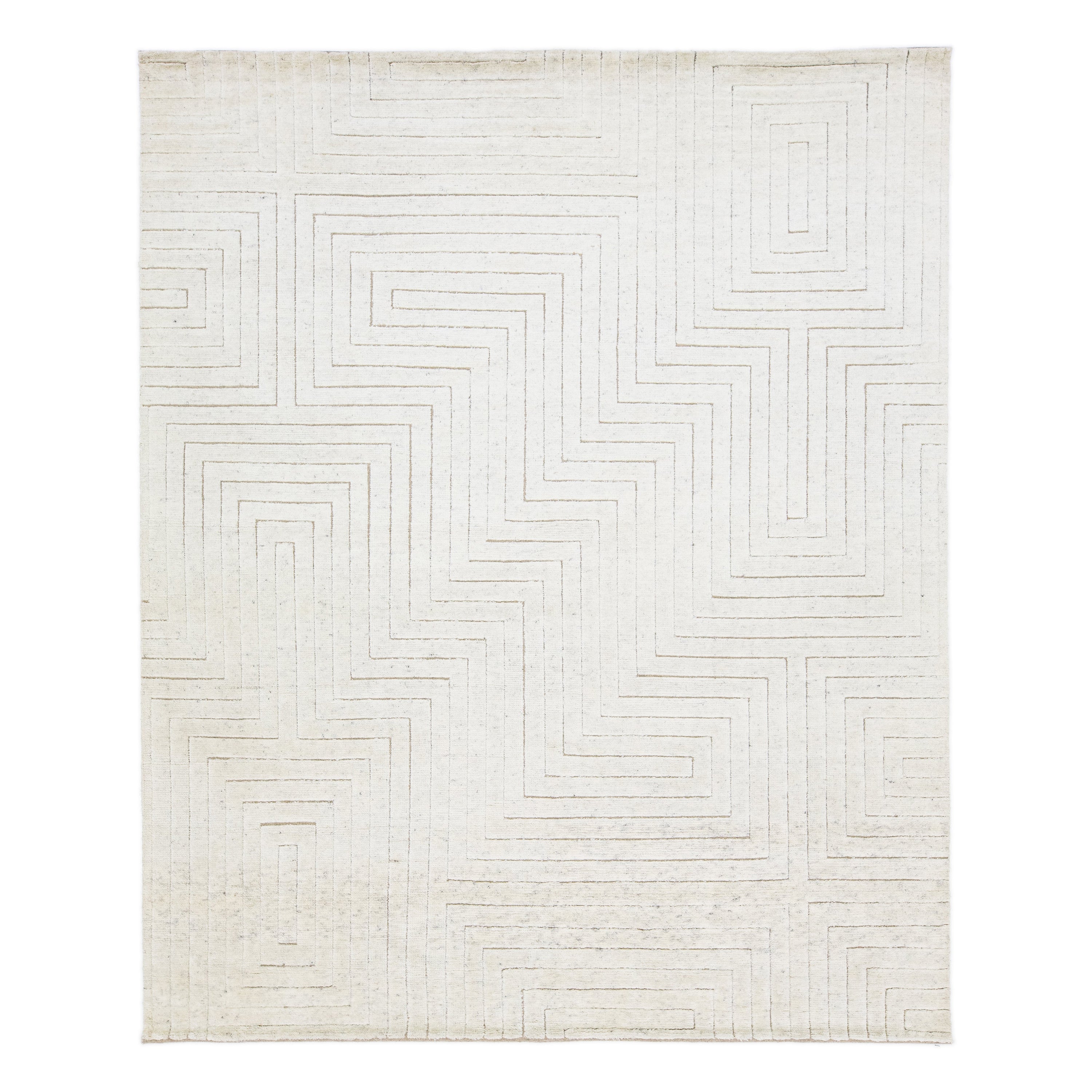 Modern Moroccan Style Wool Rug in Ivory with Seamless Pattern For Sale