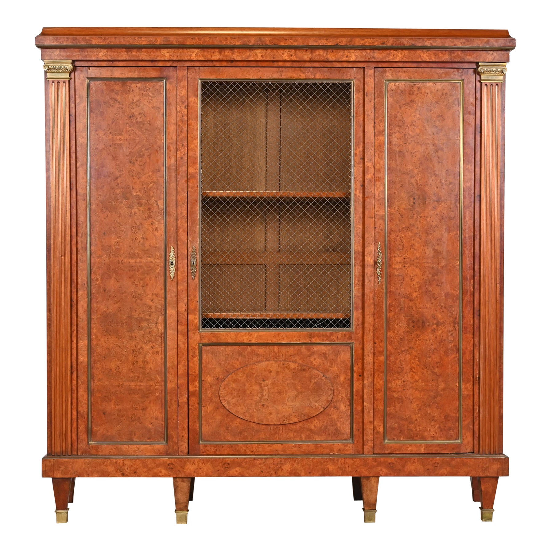 Antique French Empire Burl Wood Bibliotheque Bookcase Cabinet, Circa 1880s For Sale