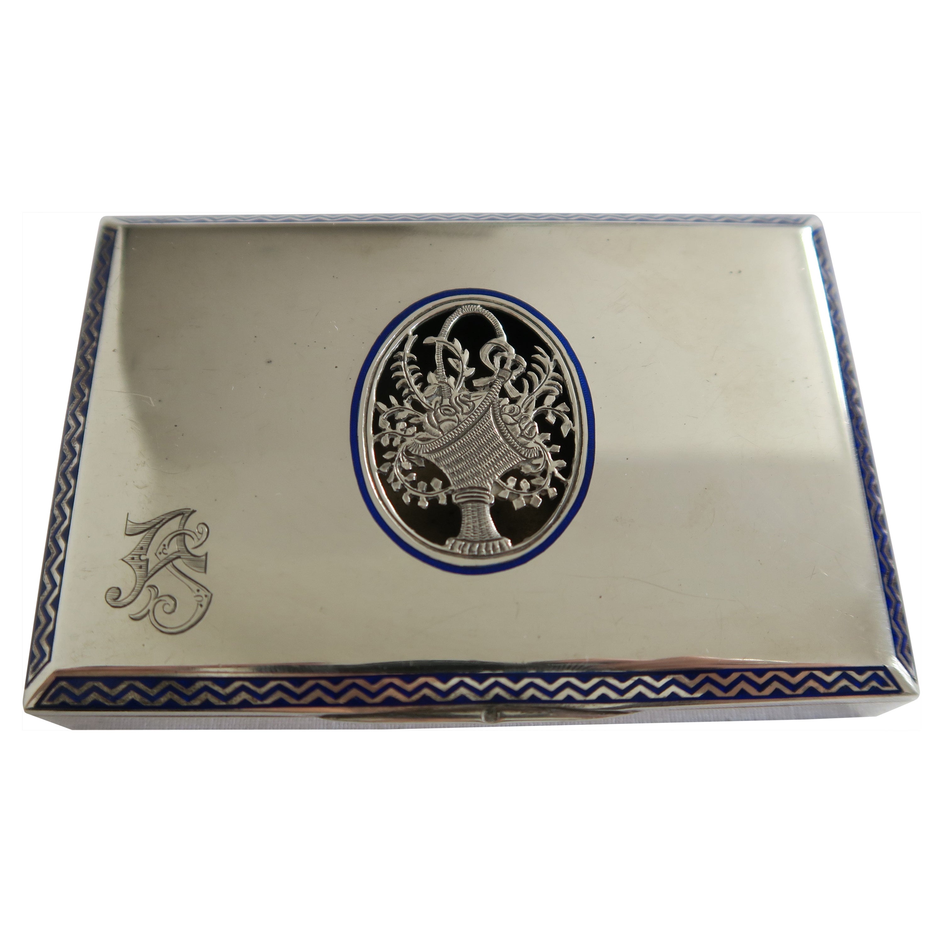 Elegante Zigarettenschachtel aus Silber und Emaille mit Blumenmotiv im Angebot