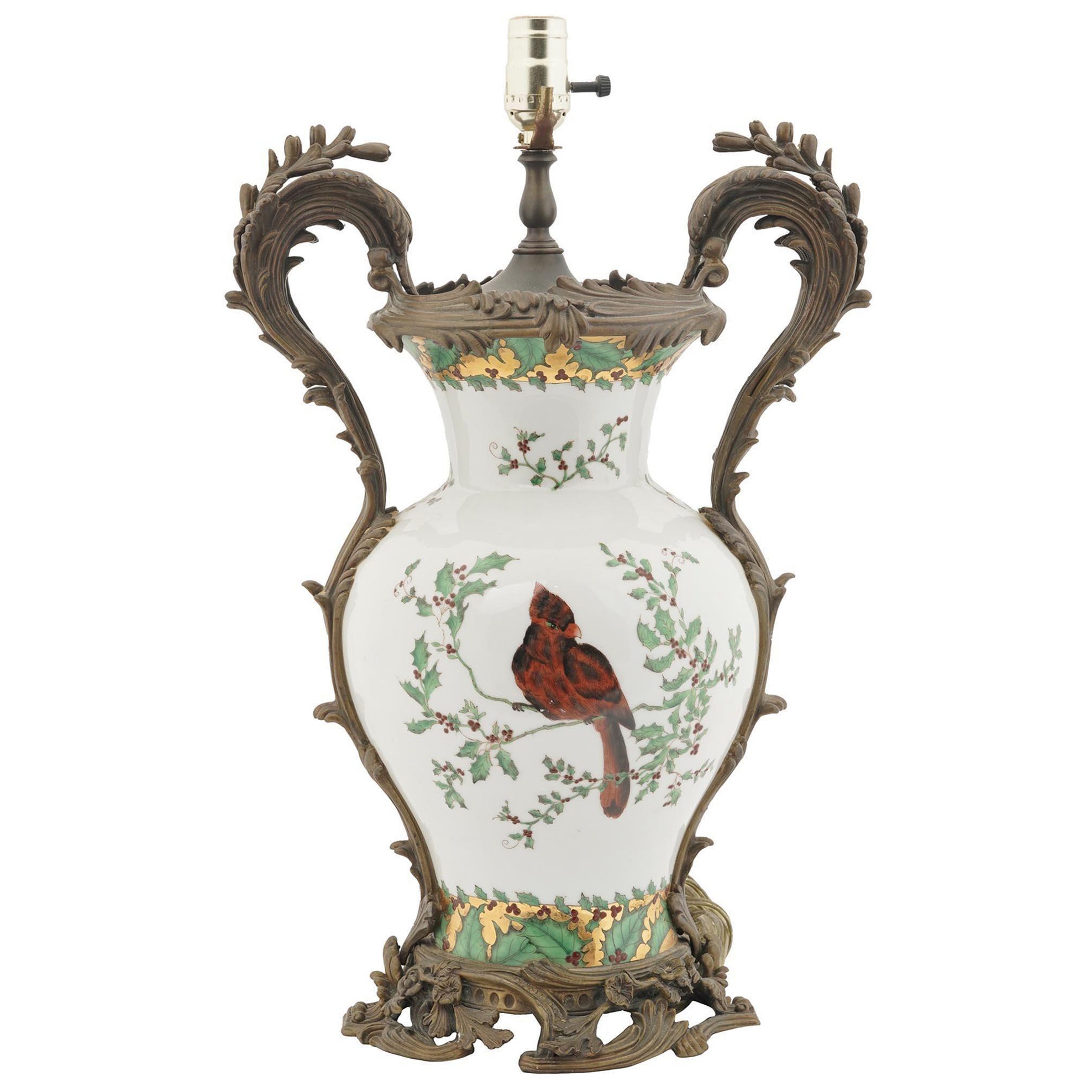 Bronzemontierte Porzellan-Tischlampe im Louis-XV-Stil mit Kardinalvogel im Angebot