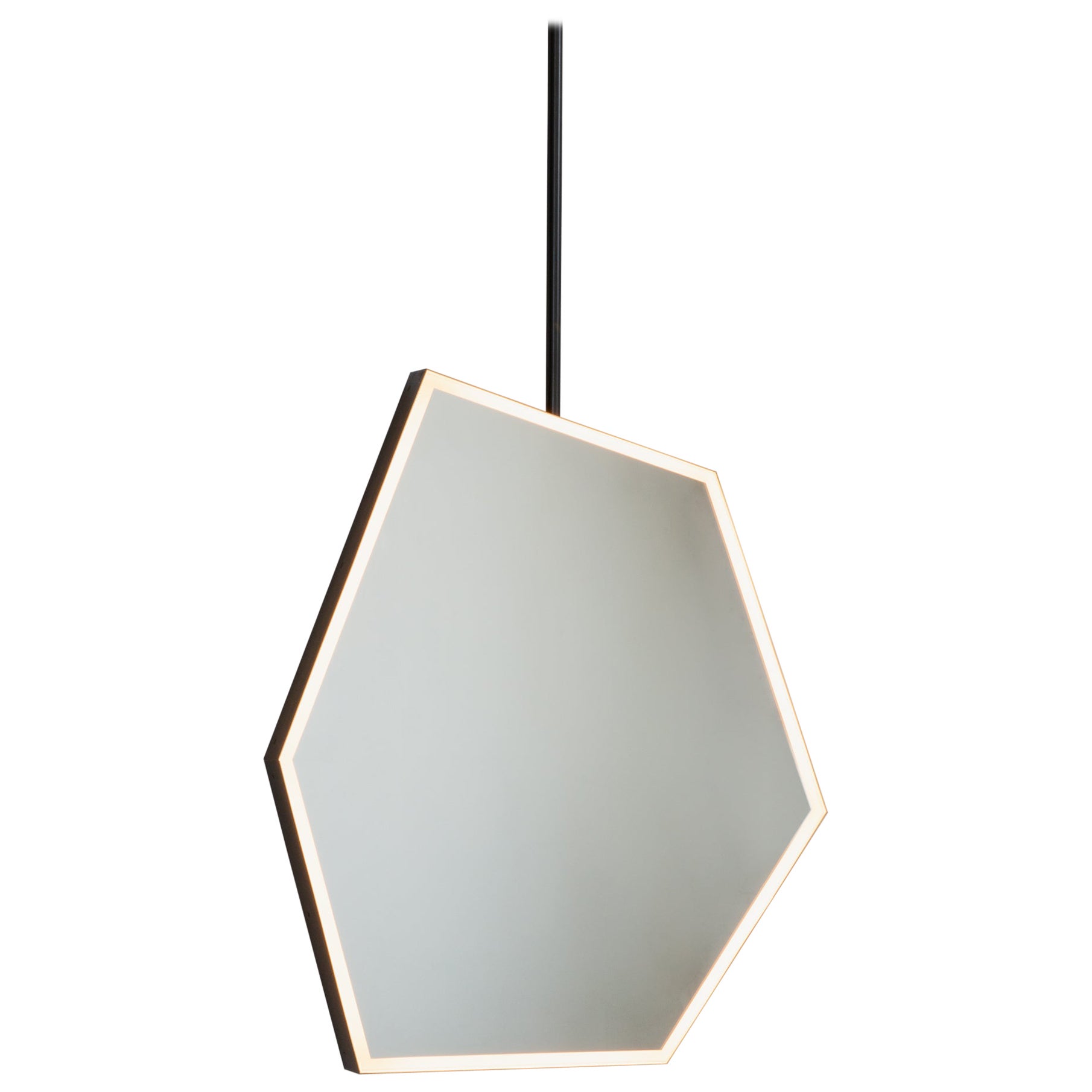 Illuminated Irregular Hexagonal Suspended Mirror, Patina Frame, Sensor Switch For Sale