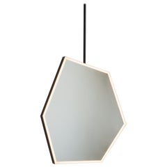 Illuminated Irregular Hexagonal Suspended Mirror, Patina Frame, Sensor Switch