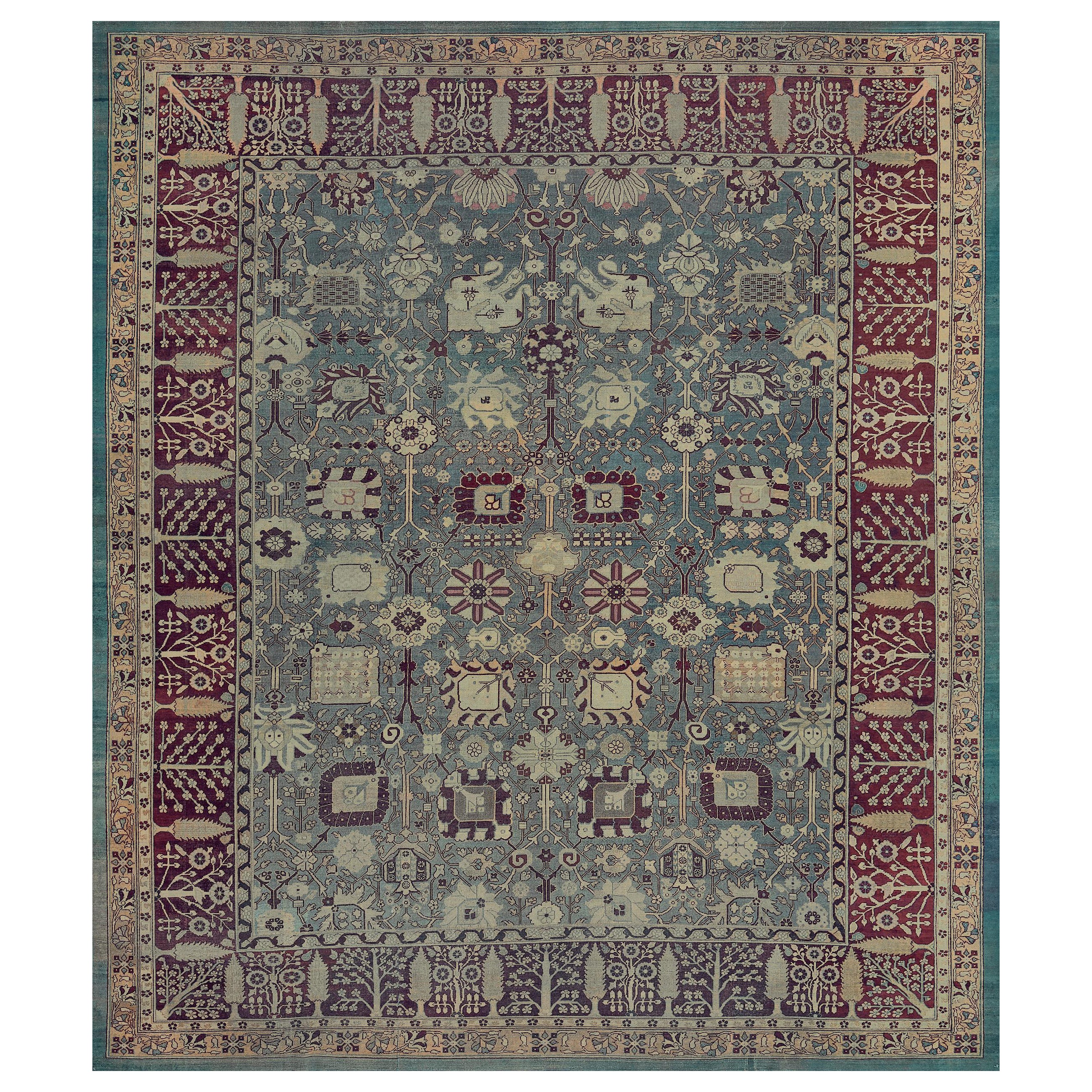 Hand-Woven Antique Floral Agra Rug For Sale