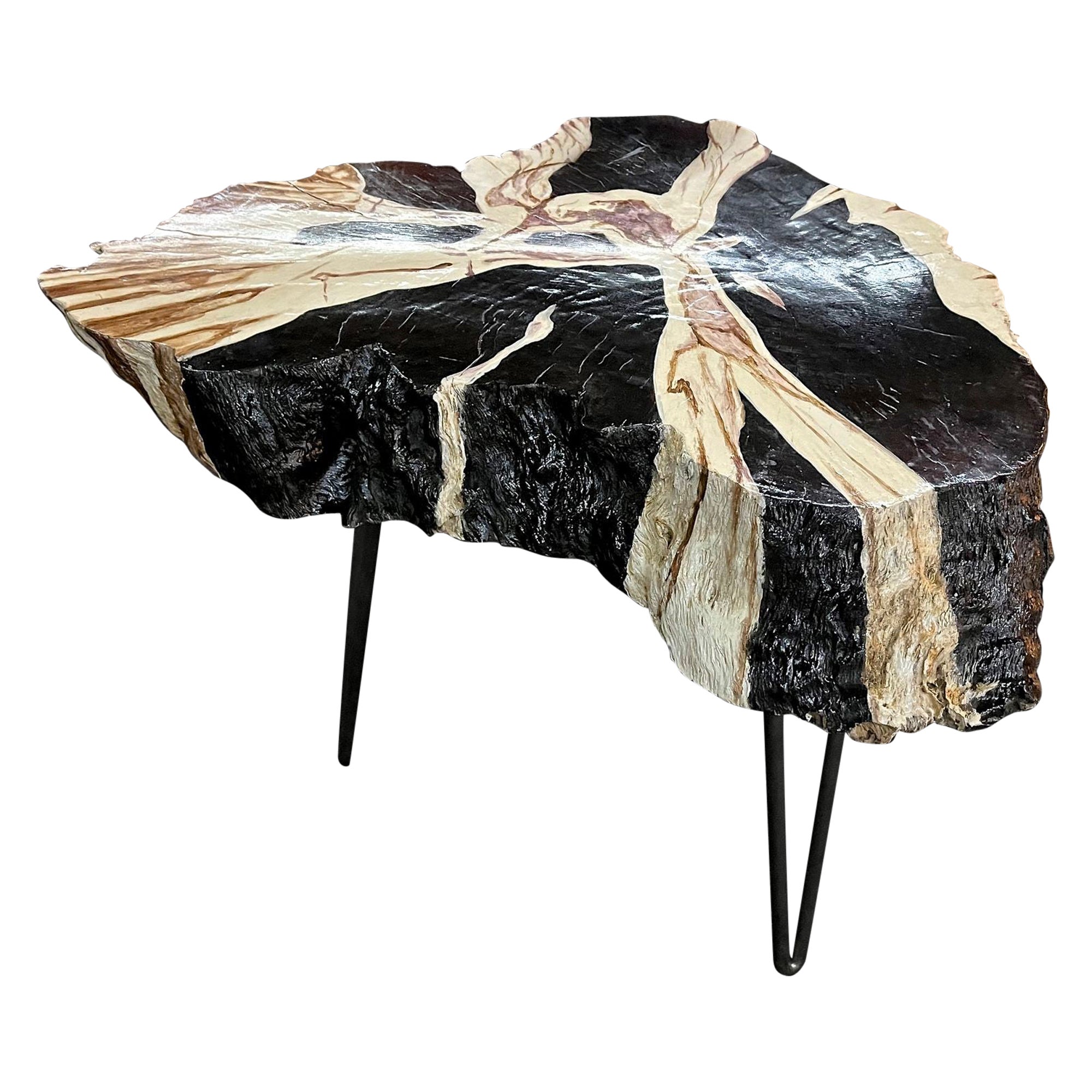 Teak Root Side Table, Petrified Wood Style, Hand Painted by Artist, IDN 2023 For Sale