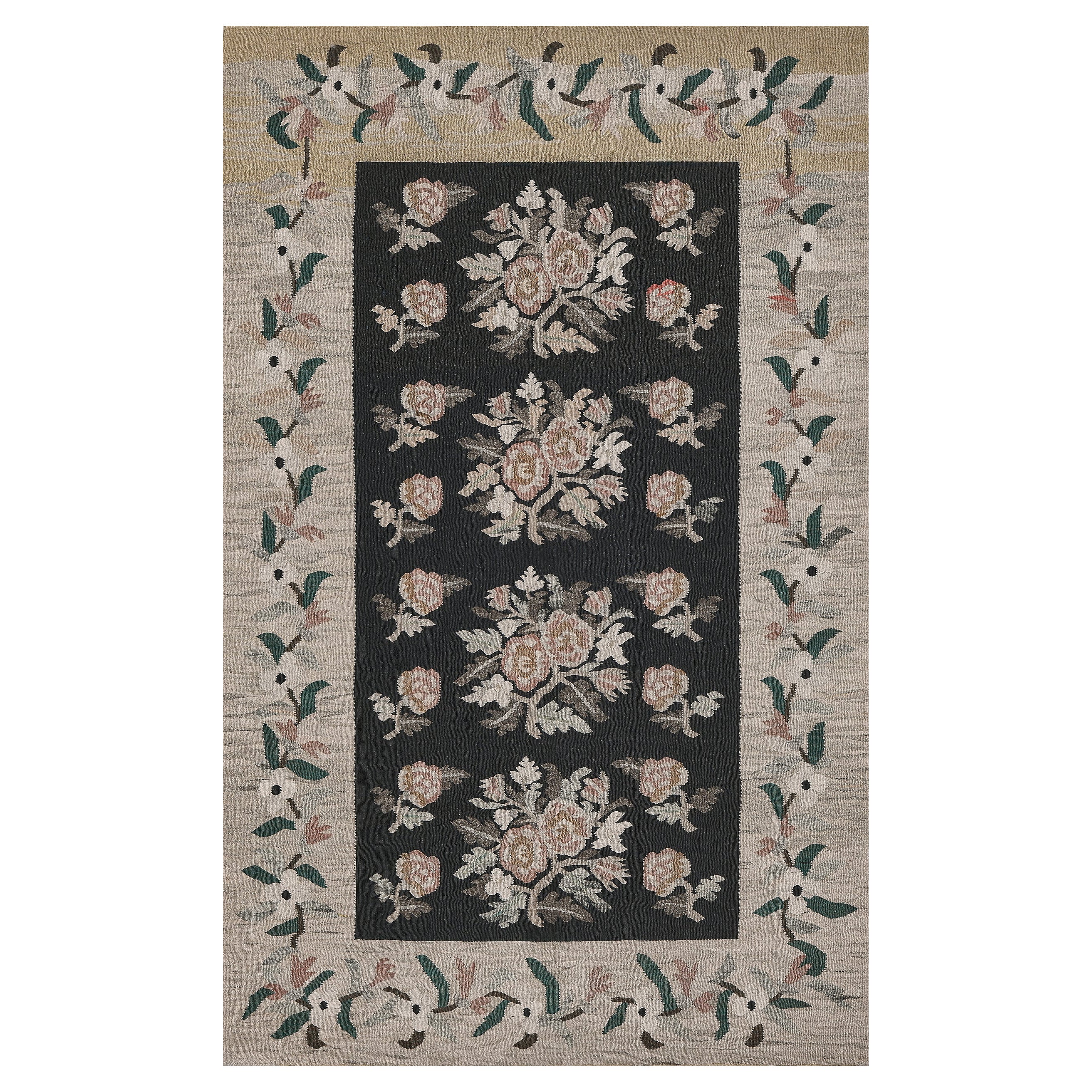 Antique Hand-woven Wool Floral Bessarabian Rug from Romania