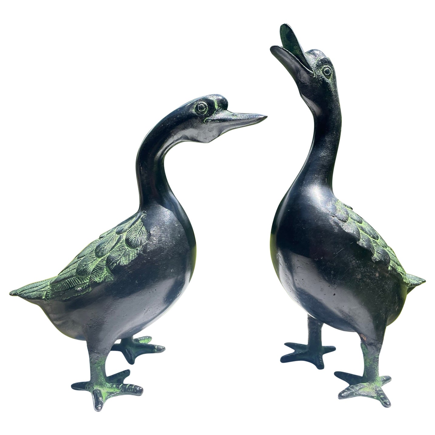 Japan Large Antique Cast Ebony Pair Garden Ducks, Beautiful Details