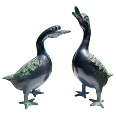 Japan Large Vintage Cast Ebony Pair Garden Ducks, Beautiful Details