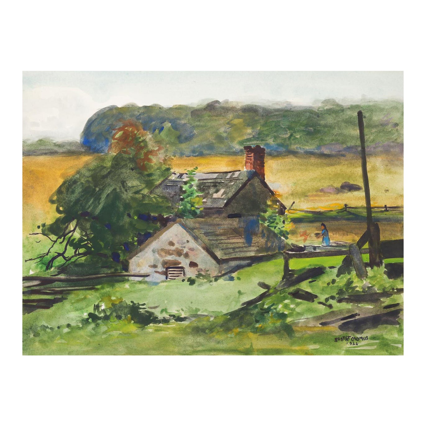 Peinture à l'aquarelle d'un paysage de ferme de la Nouvelle-Angleterre par Egbert Cadmus, 1922 en vente
