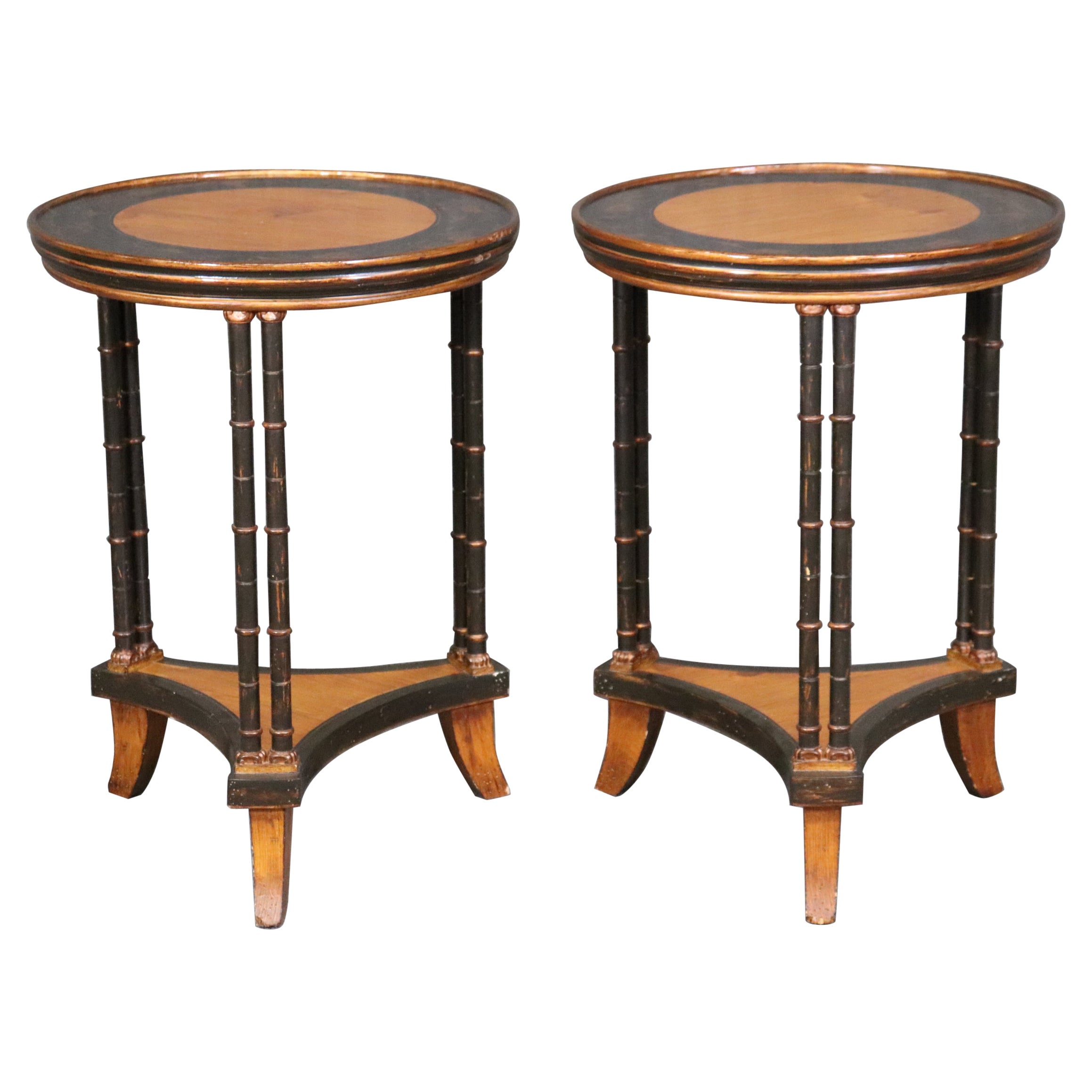 Pair of Chinoiserie Painted Faux Bamboo Yew Wood Gueridon Side Tables 
