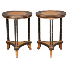 Antique Pair of Chinoiserie Painted Faux Bamboo Yew Wood Gueridon Side Tables 