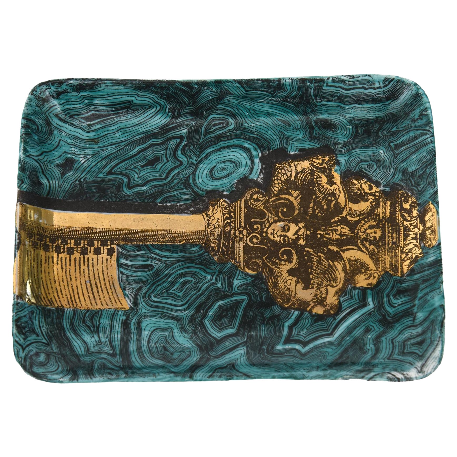 Piero Fornasetti Vintage Gilded Key and Malachite Swirl Porcelain Small Tray For Sale