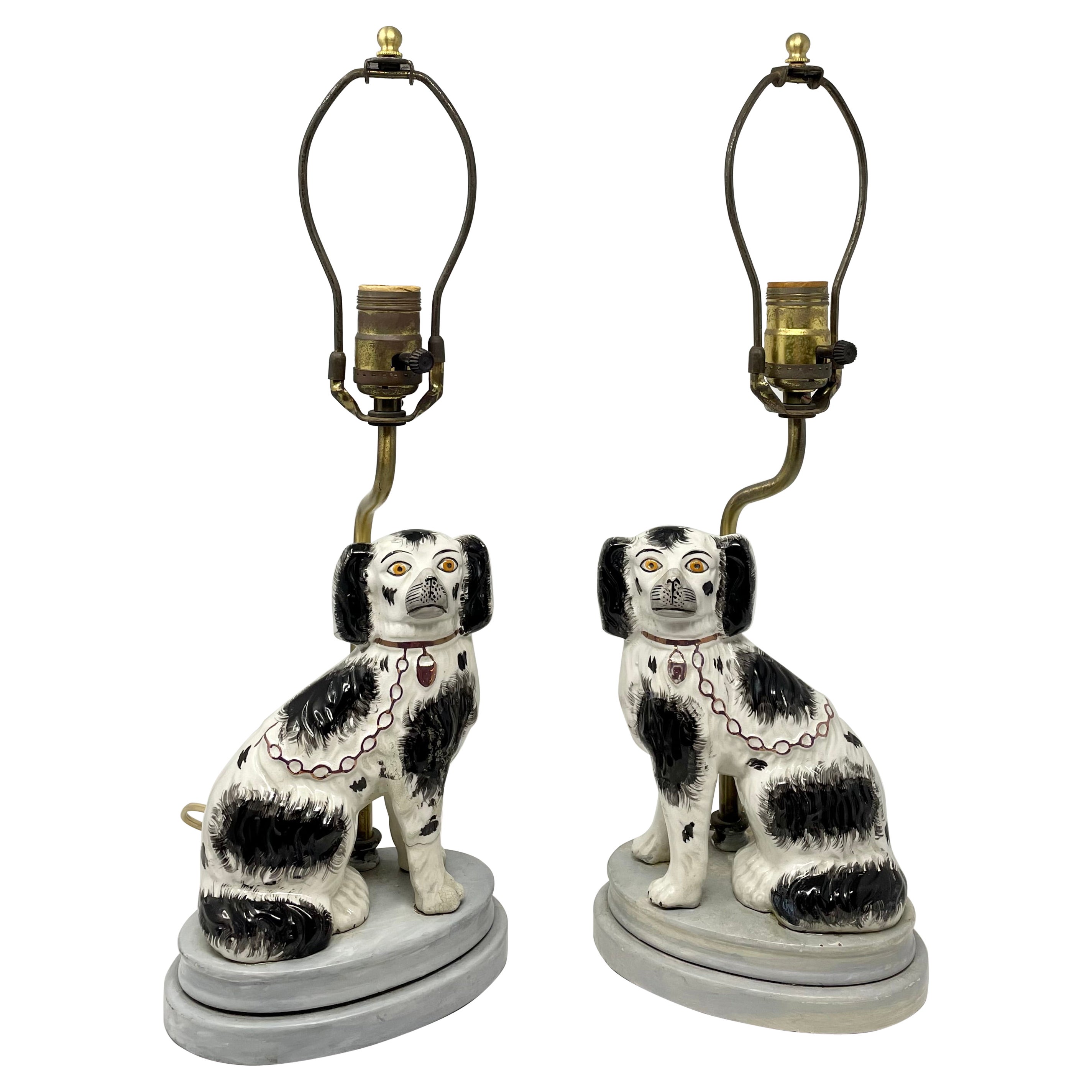 Pair of Antique Staffordshire Spaniels Converted Lamps circa 1880 For Sale