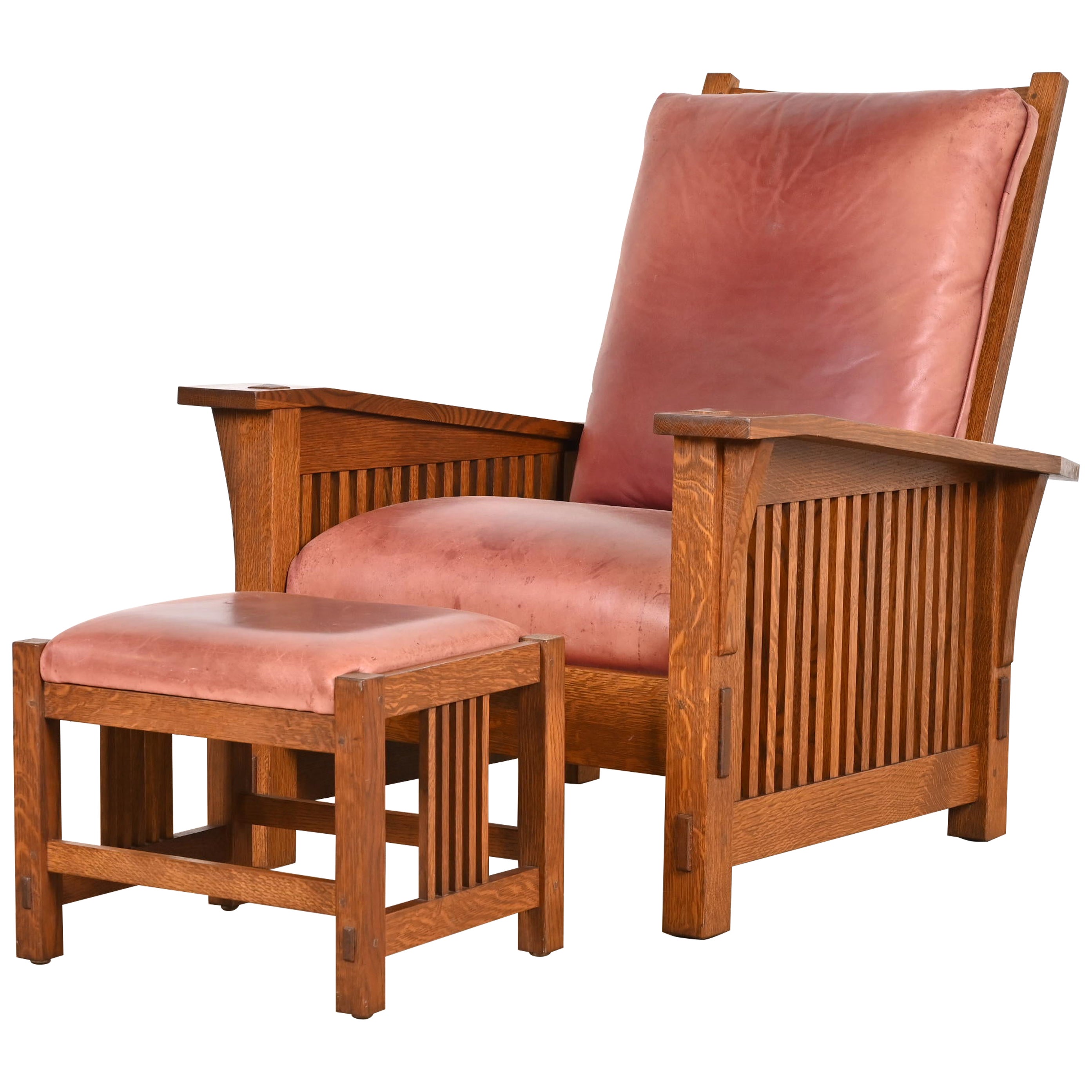 Stickley Mission Arts & Crafts Oak and Leather Morris Chair With Ottoman