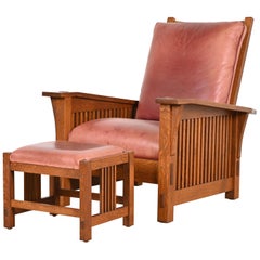 Retro Stickley Mission Arts & Crafts Oak and Leather Morris Chair With Ottoman