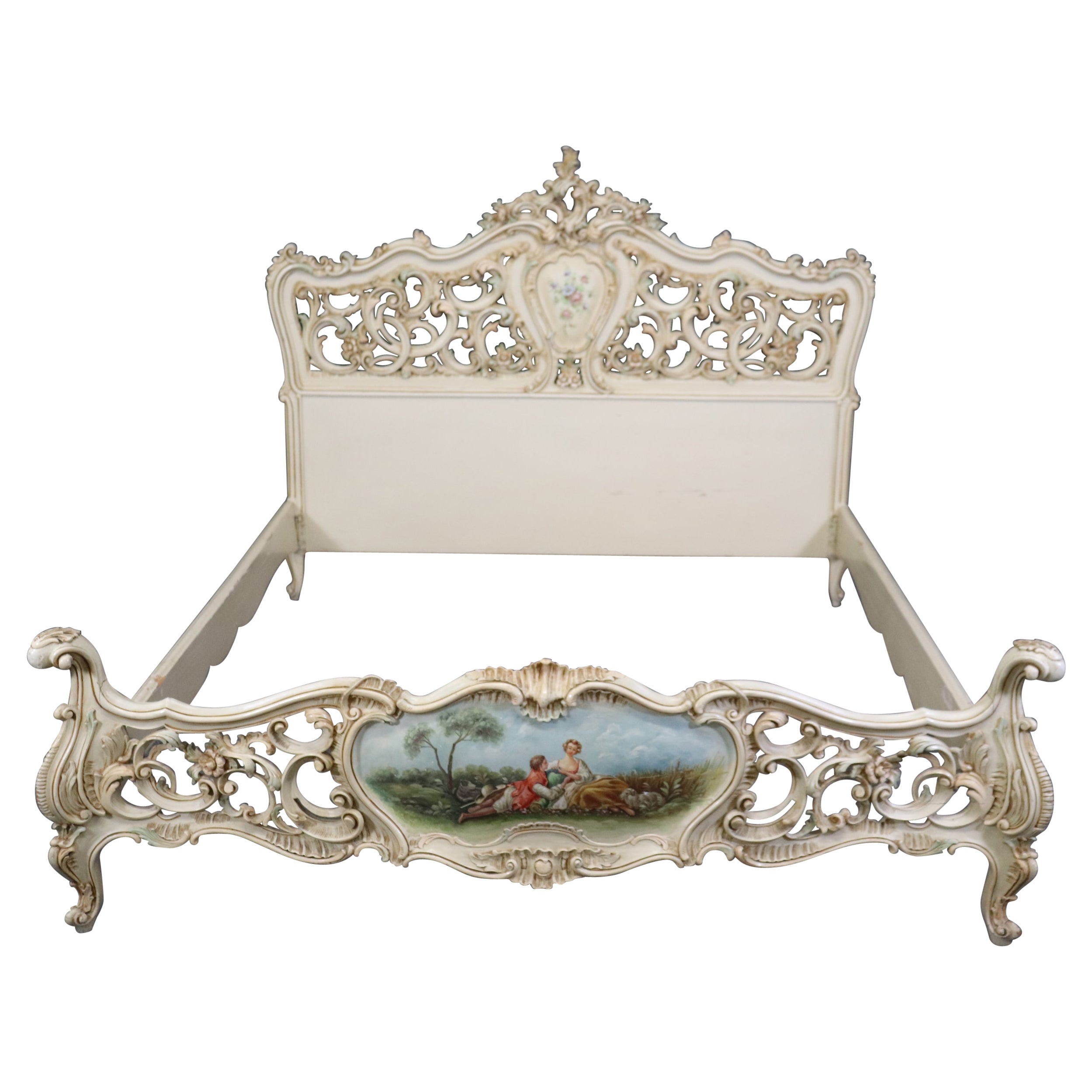Over-Sized Queen Size Carved Italian Vernis Martin Painted Rococo Bed