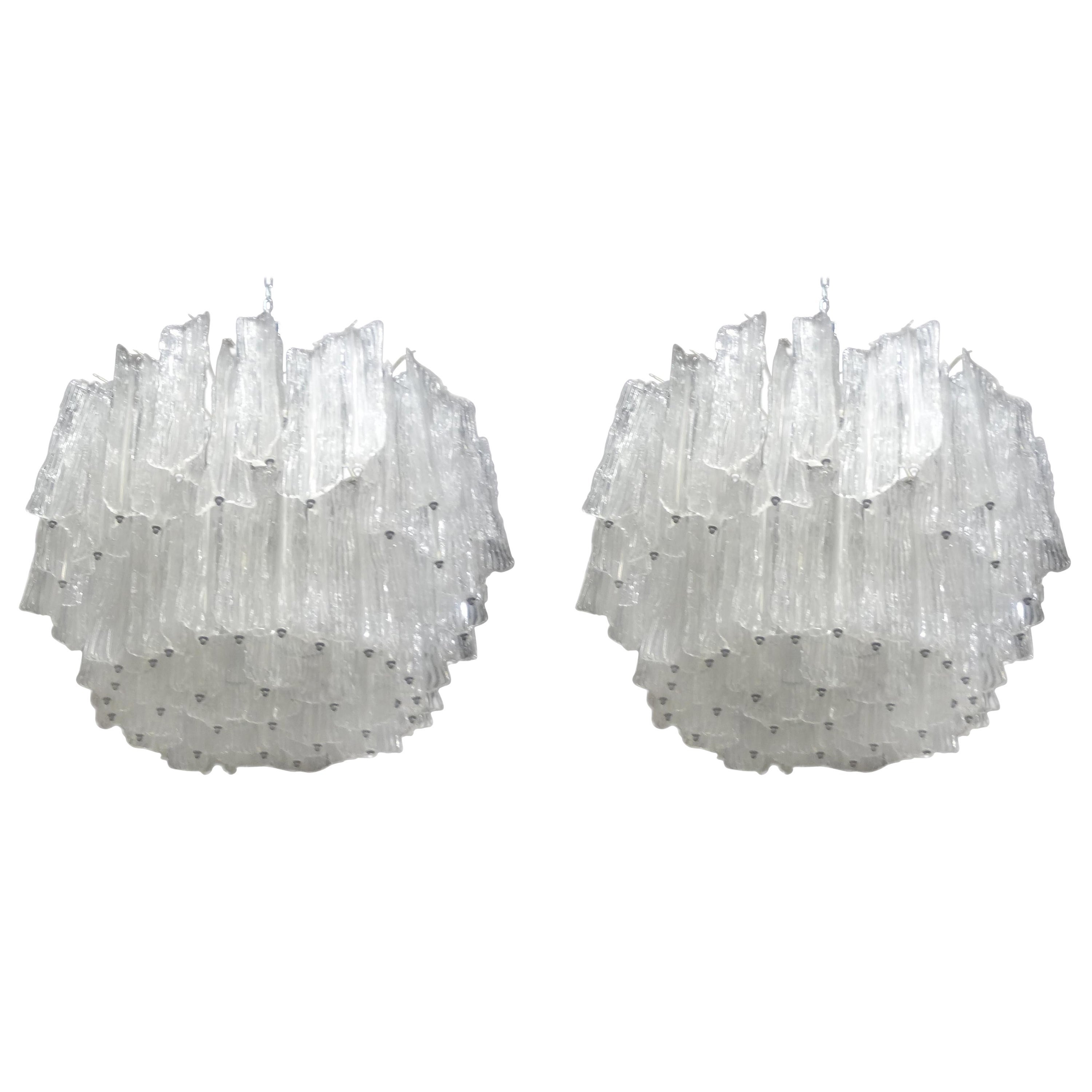 Pair of Large Mid-Century Modern Italian Murano Chandeliers Attributed to Venini For Sale