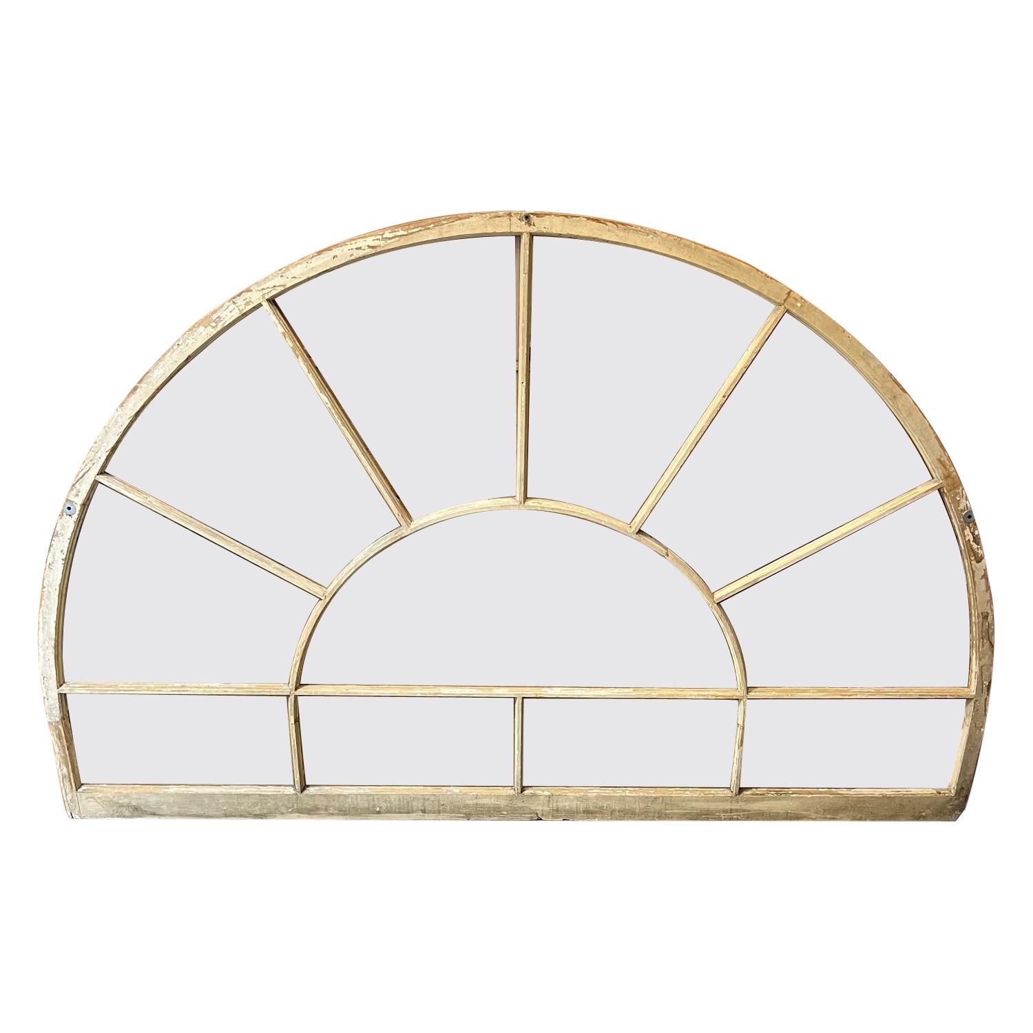 Oversize Antique Arch Top Transom Window, 11 Panes Original Glass Wood Muntin For Sale