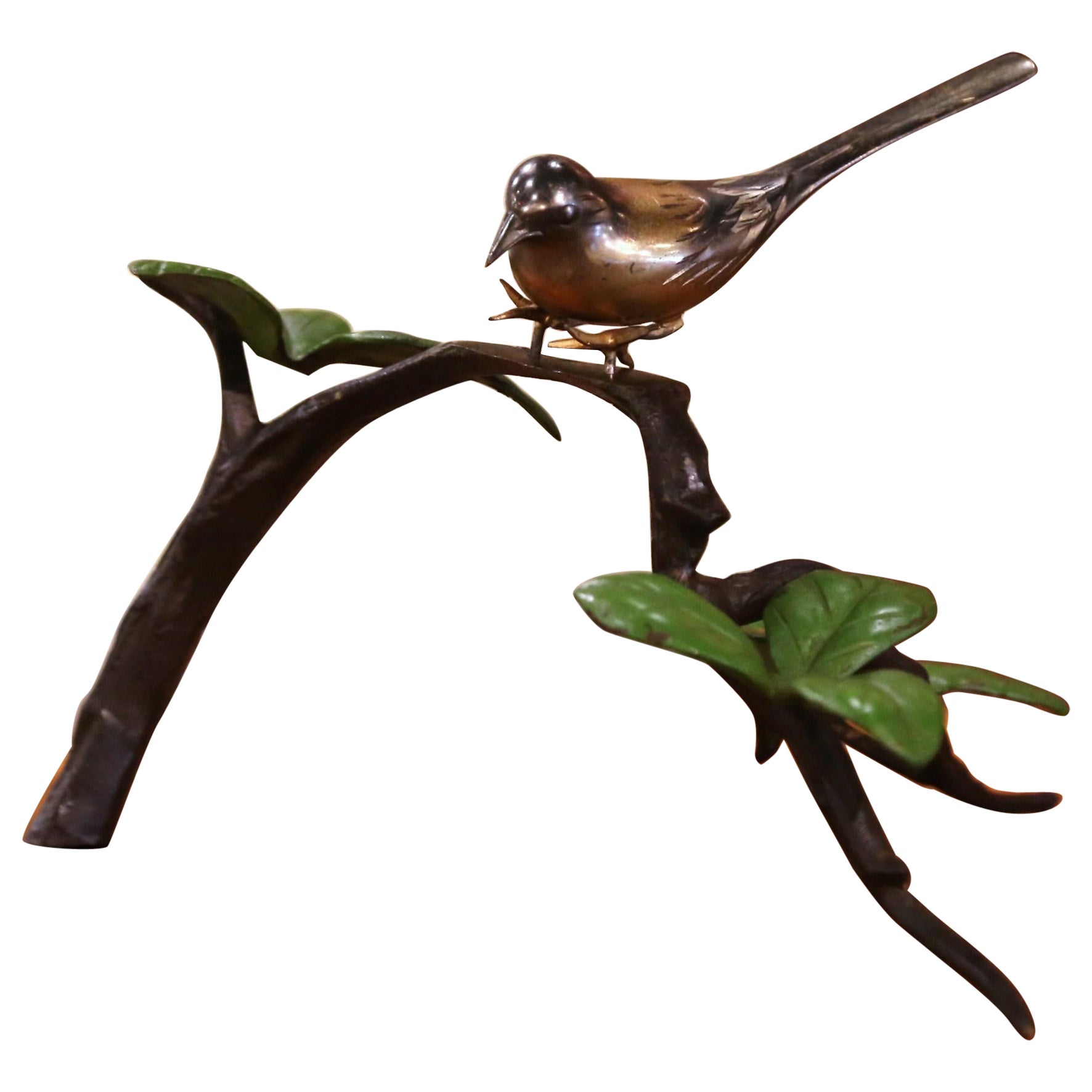 Mid-Century Patinated Bronze Bird Resting on Branch with Foliage Sculpture For Sale