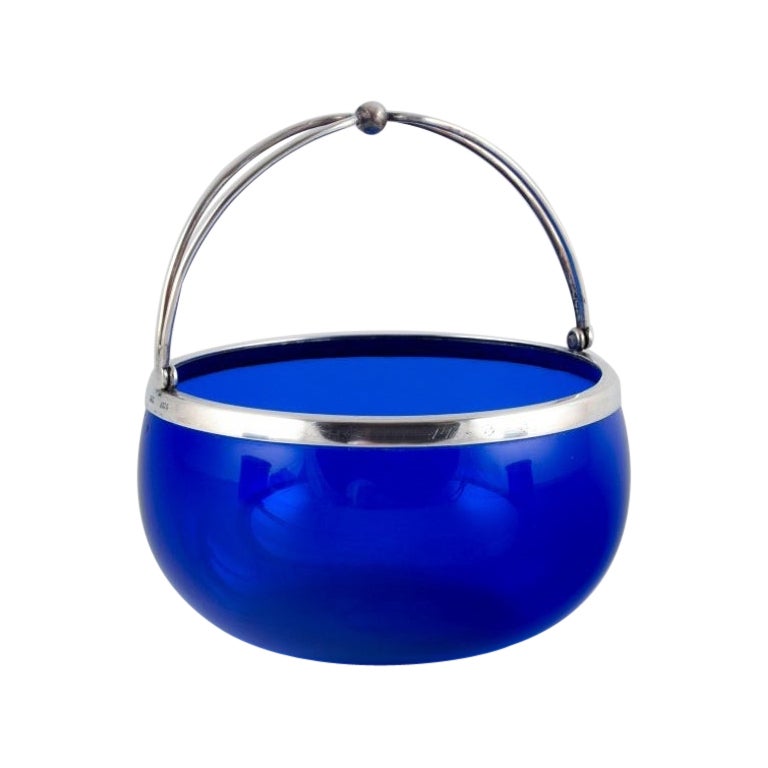 Svend Toxværd, Sugar Bowl in Blue Art Glass and Danish 830 Silver
