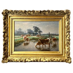 Huile sur toile ancienne intitulée « Vaches au trou d'eau ».