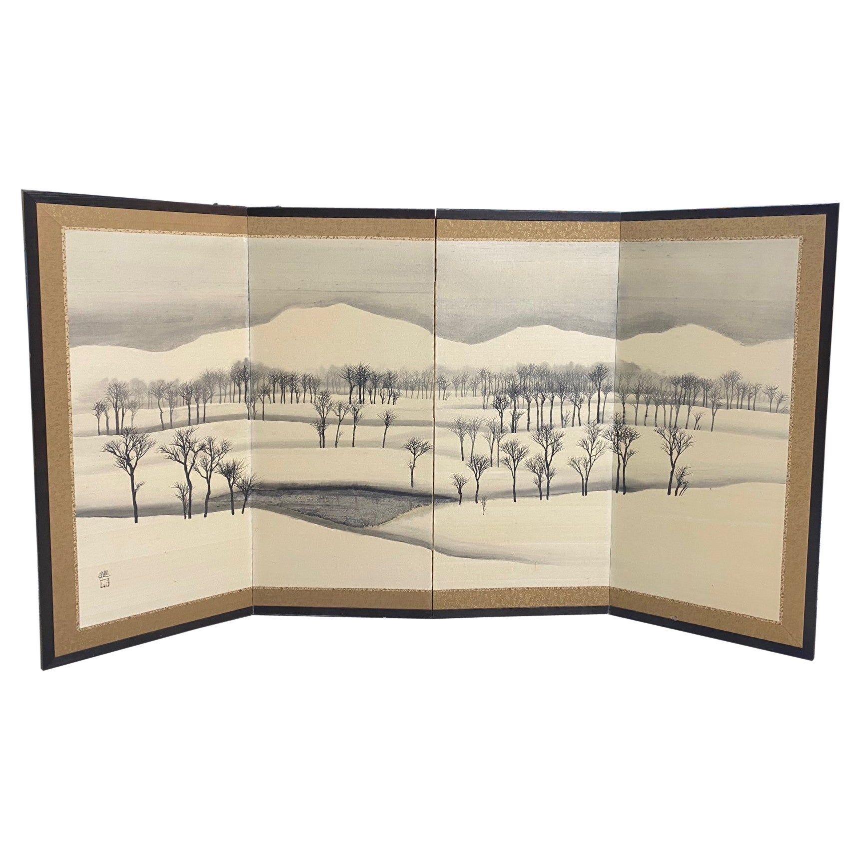 Japanisch Asiatisch Signiert Vier-Panel Byobu Folding Screen Winter Nature Landscape 