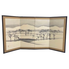 Japanese Asian Signed Four-Panel Byobu Folding Screen Winter Nature Landscape 