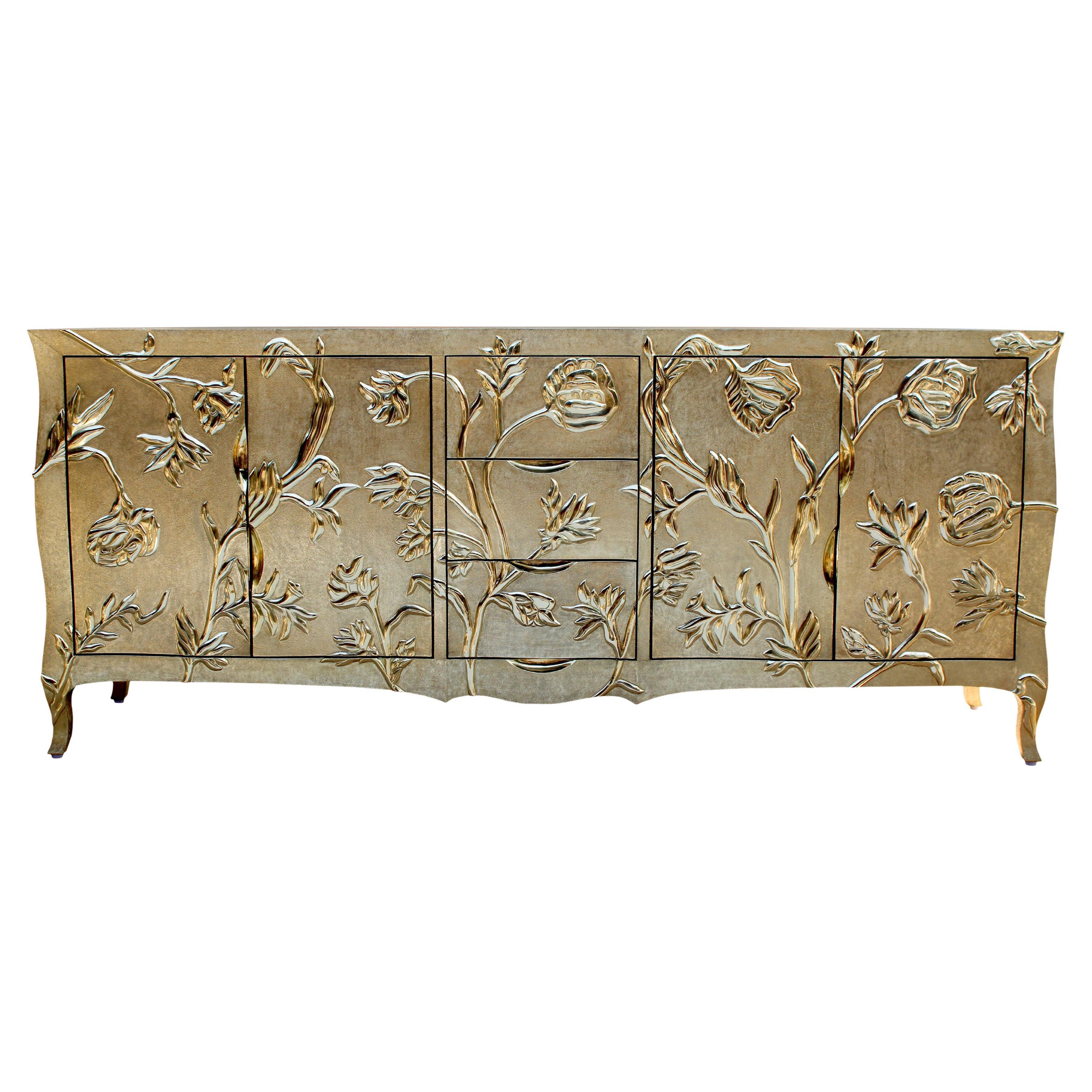 Louise Floral Art Deco Buffet Fine Hammered Brass by Paul Mathieu For Sale