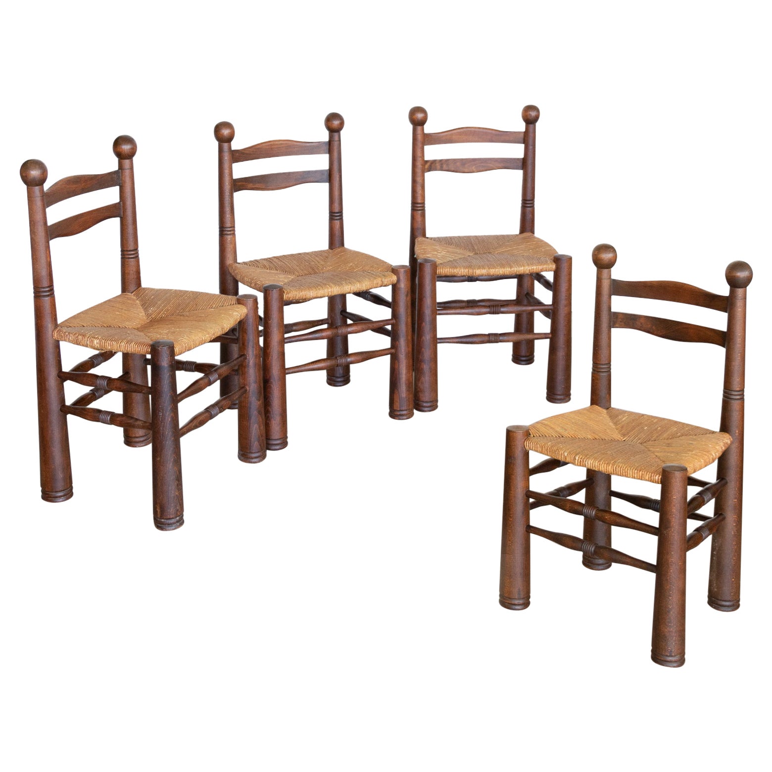 French Wood and Woven Chairs by Charles Dudouyt, Set of 4