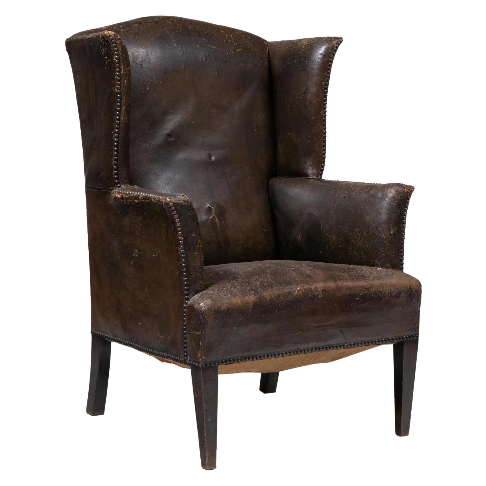 George III Style Leather Wingback Chair For Sale