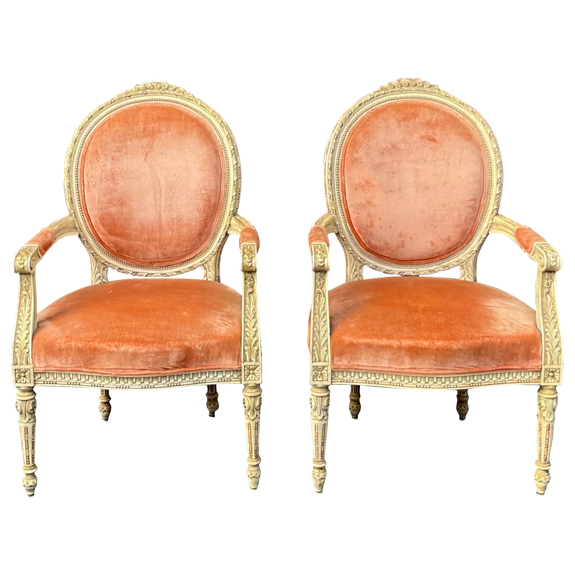 French Louis XVI Style Carved & Painted Bergere Chairs In Velvet - Pair