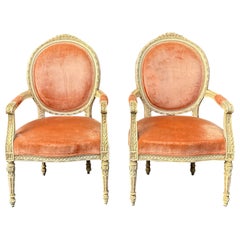 Antique French Louis XVI Style Carved & Painted Bergere Chairs In Velvet - Pair