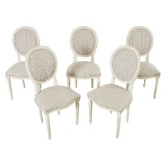 Antique Set of Five Louis XVI Style Painted Dining Chairs with Houndstooth