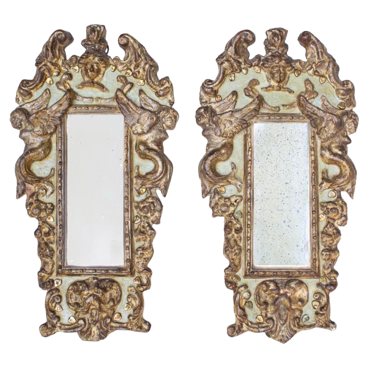 Pair of 18th Century Italian Rococo Green and Gilded Cherub Mirrors For Sale