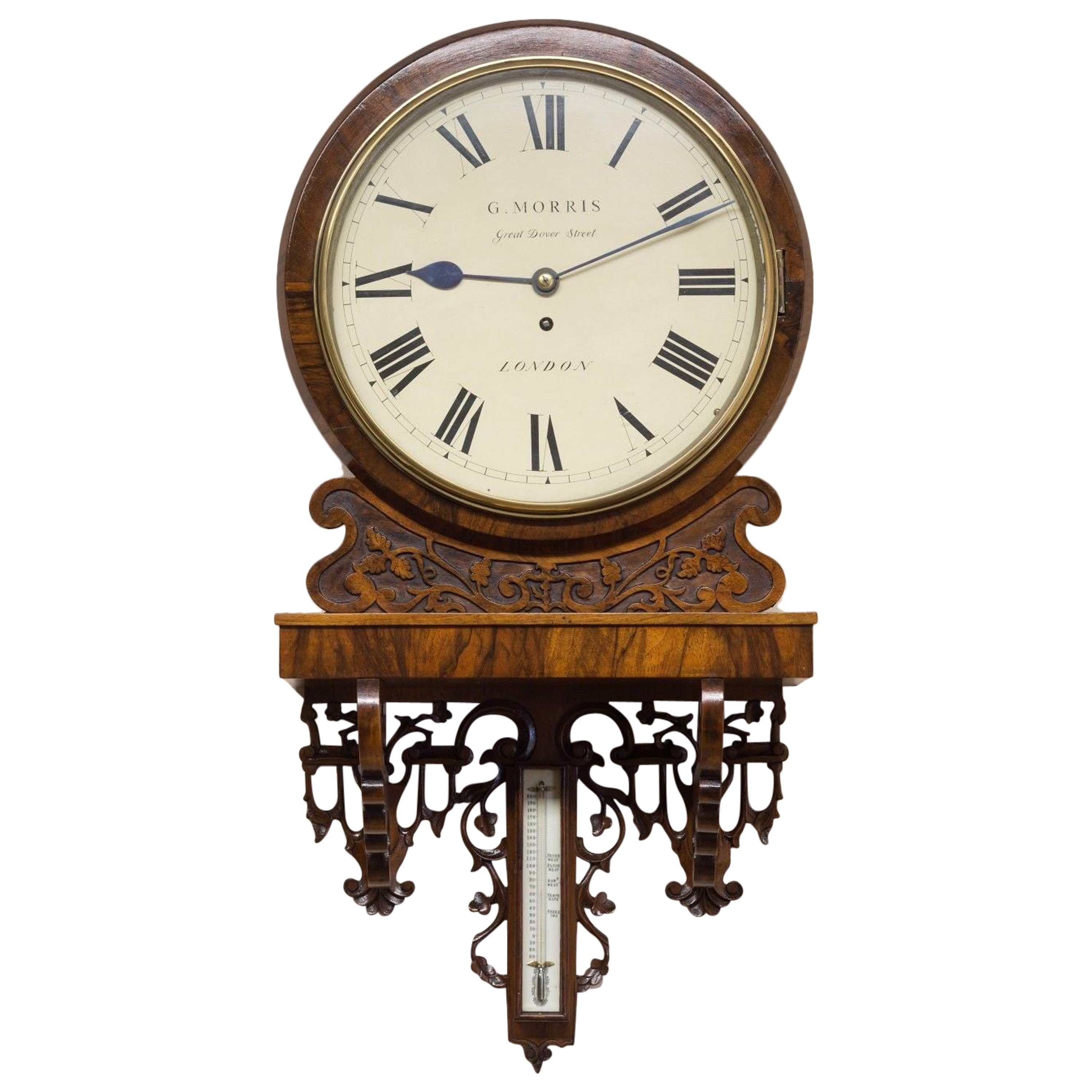 Victorian English Fusee Mahogany Dial Clock with Thermometer by G.Morris, London