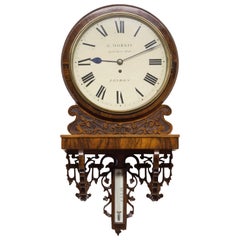 Antique Victorian English Fusee Mahogany Dial Clock with Thermometer by G.Morris, London