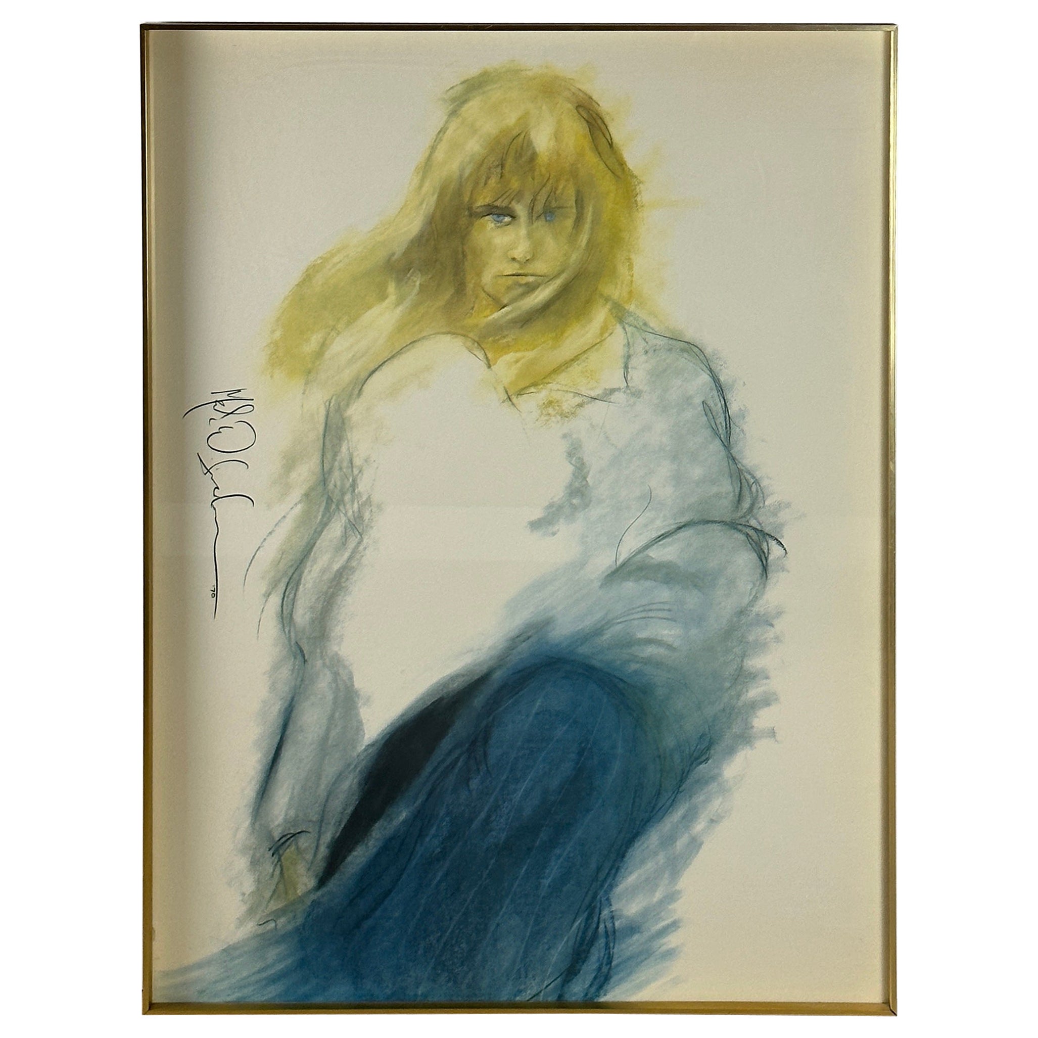  Lithographie d'une jeune fille au vent bleu