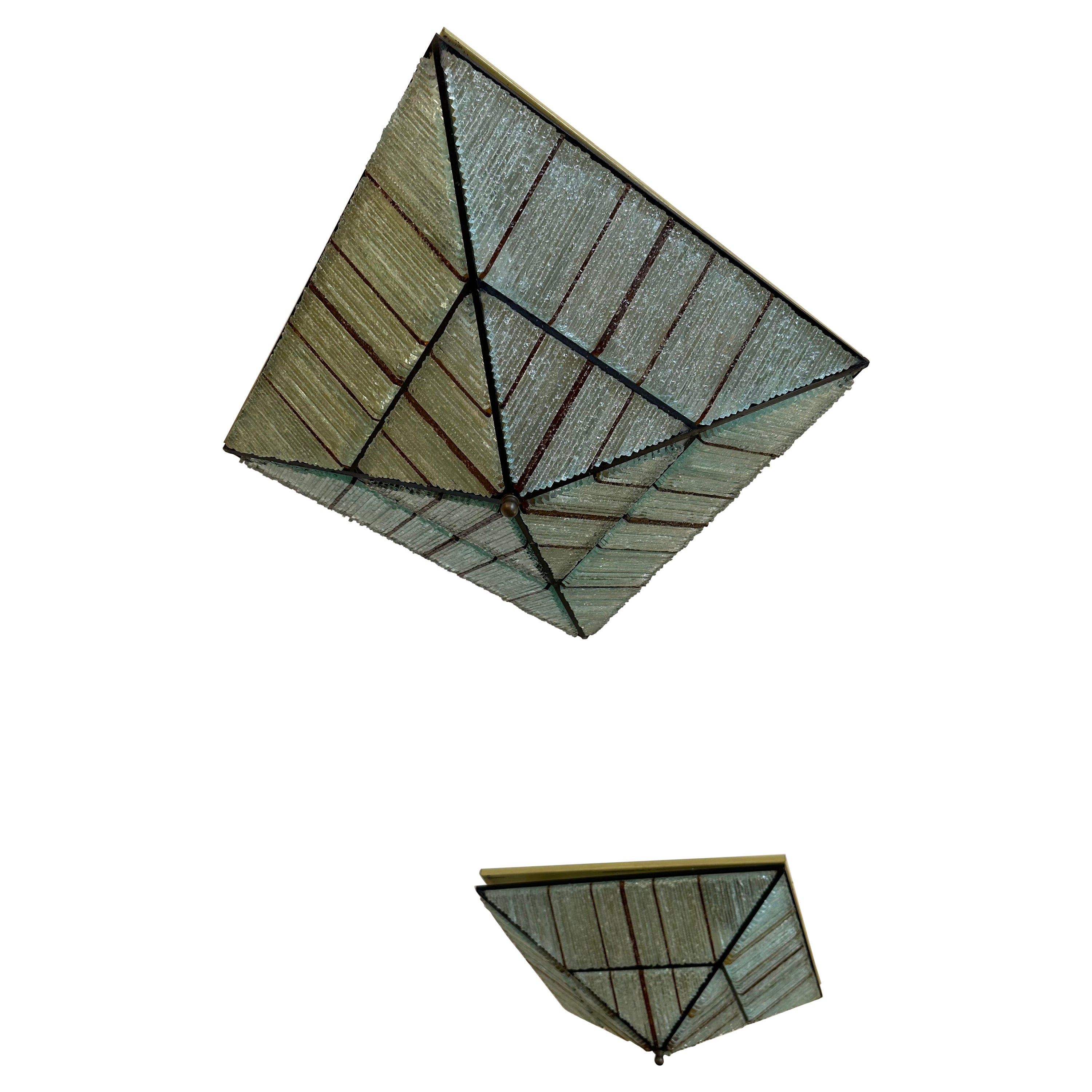 Pair of Pyramid Hammered Glass Flush Mount by Poliarte, Italy, 1970s