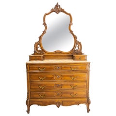 French Louis XV St Walnut & Marble Top Commode Chest of Drawers & Mirror, c 1900