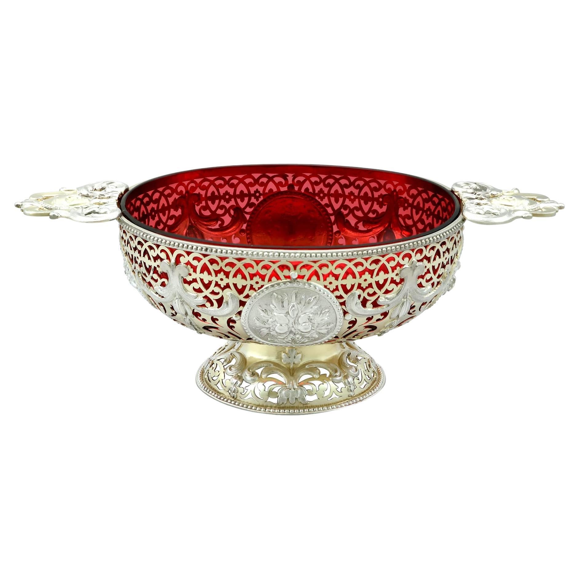 Antique Victorian Sterling Silver Gilt and Cranberry Glass Dish  For Sale