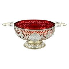 Antique Victorian Sterling Silver Gilt and Cranberry Glass Dish 