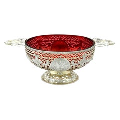 Antique Victorian Sterling Silver Gilt and Cranberry Glass Dish