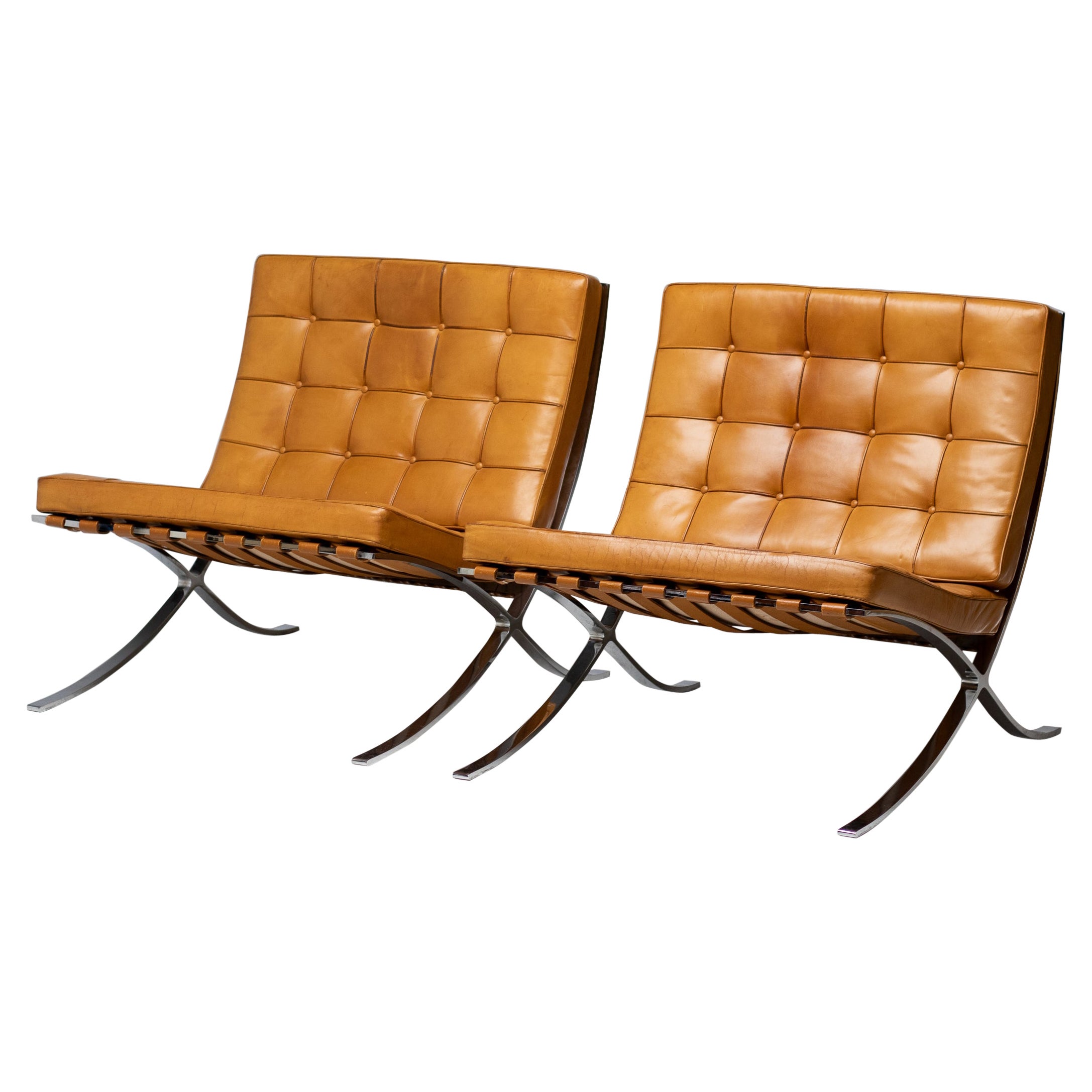 Pair of Knoll Cognac Leather Mies van der Rohe Split Frame Barcelona Chairs