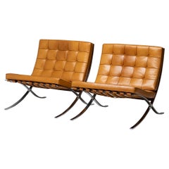 Pair of Knoll Cognac Leather Mies van der Rohe Split Frame Barcelona Chairs